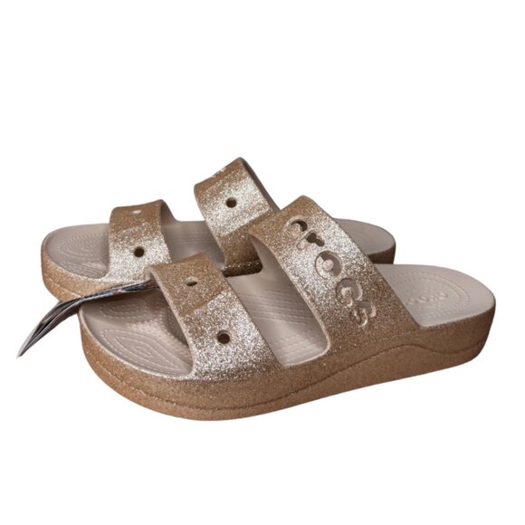 CROCS Baya Wedge Platform Flip Flop Slide Sandal Glitter Gold Women's Size 10 - Picture 2 of 7